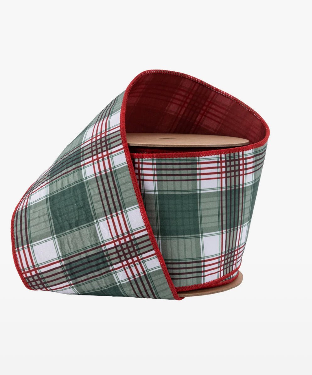 Holiday Plaid Wired Reversible Solid Ribbon - 4" - Greenery Market8213W - 036 - 100E