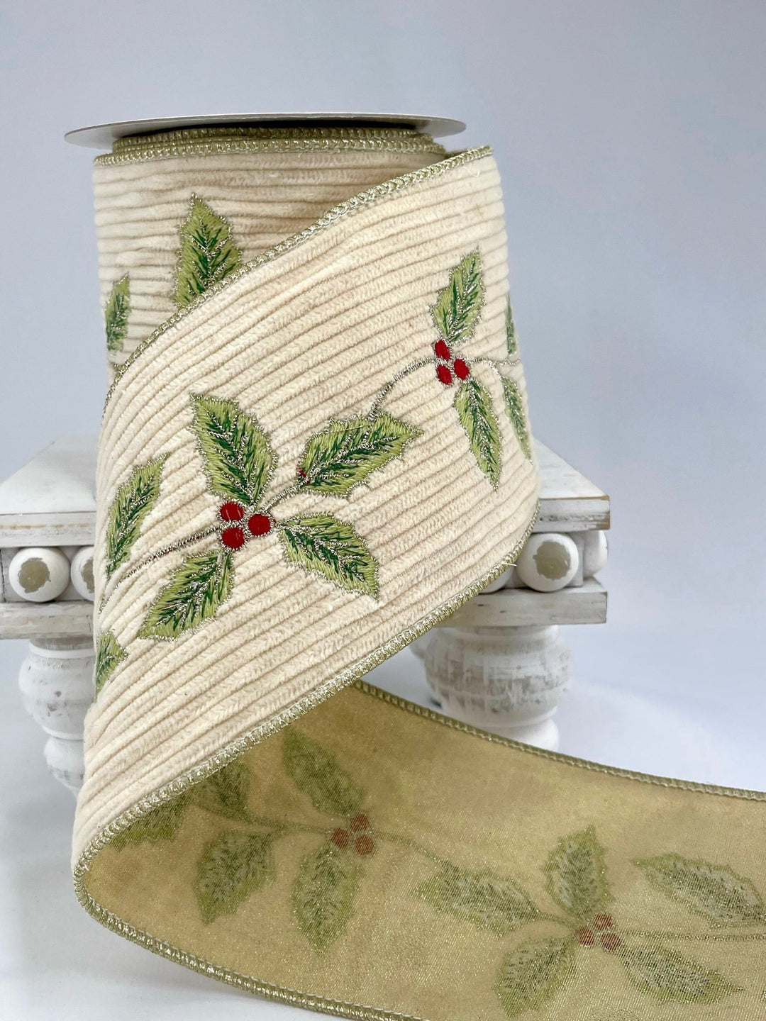 Holly embroidered corduroy 4” wired ribbon - Greenery MarketWired ribbonMTX71642