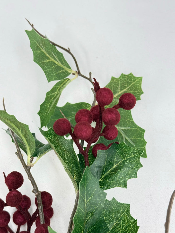 Holly Spray with Burgundy Flocked Berries - Greenery MarketC26323