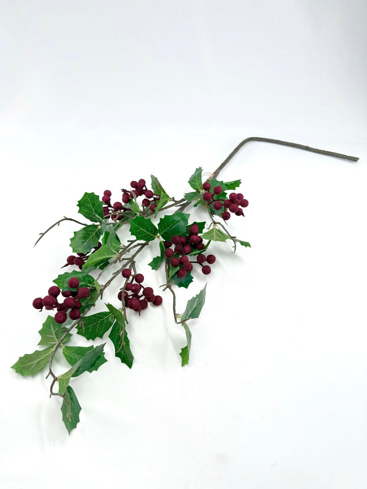 Holly Spray with Burgundy Flocked Berries - Greenery MarketC26323