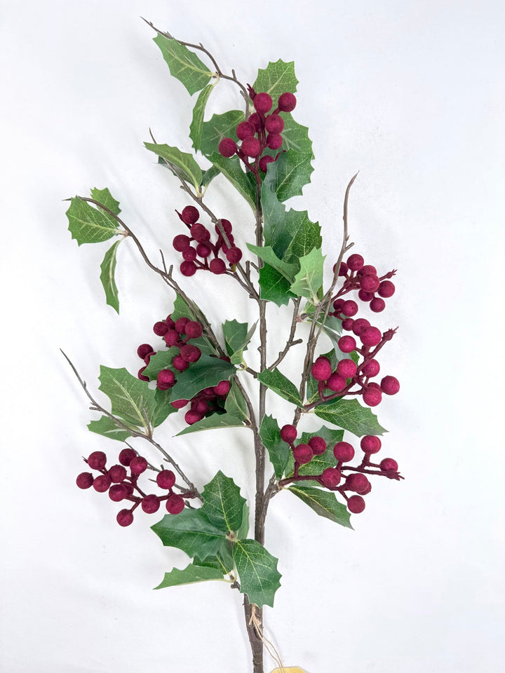Holly Spray with Burgundy Flocked Berries - Greenery MarketC26323