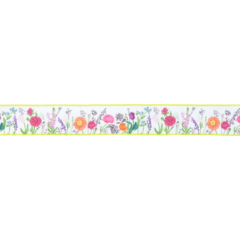 Horizontal Floral Stems with Green Backing Wired Dupioni Ribbon - 2.5" - Greenery MarketWired Ribbon9346W-552-63E