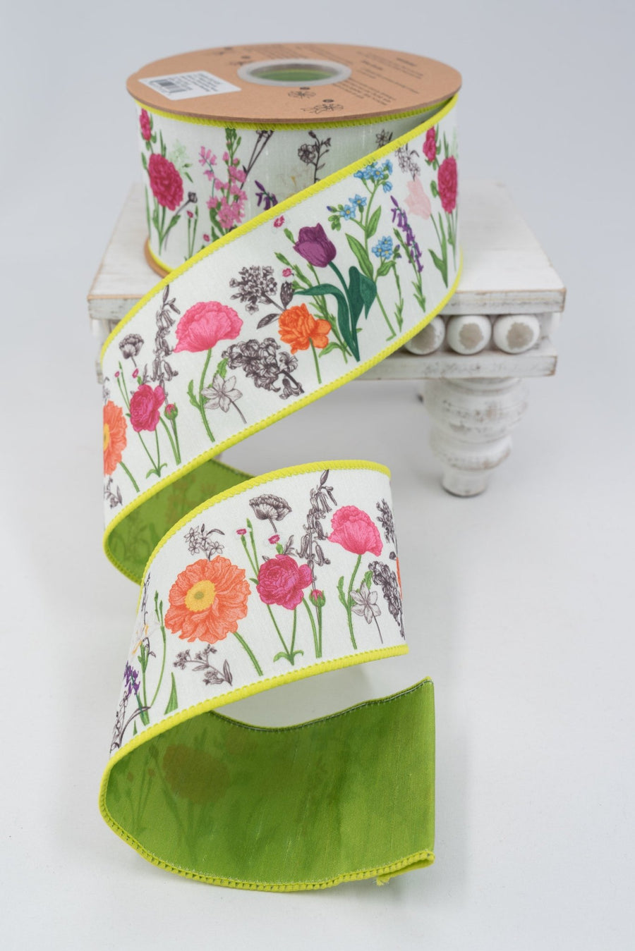 Horizontal Floral Stems with Green Backing Wired Dupioni Ribbon - 2.5 ...