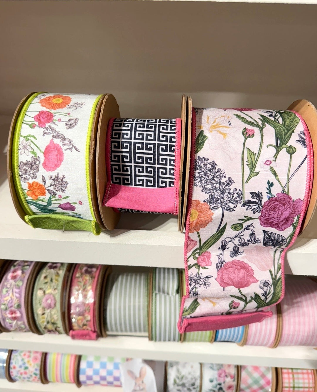 Horizontal Floral Stems with Green Backing Wired Dupioni Ribbon - 2.5" - Greenery MarketWired Ribbon9346W-552-63E