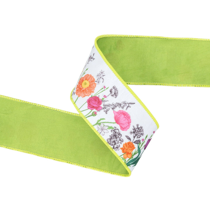 Horizontal Floral Stems with Green Backing Wired Dupioni Ribbon - 2.5" - Greenery MarketWired Ribbon9346W-552-63E
