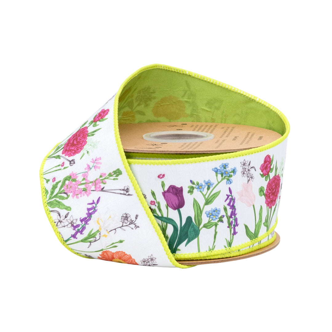 Horizontal Floral Stems with Green Backing Wired Dupioni Ribbon - 2.5" - Greenery MarketWired Ribbon9346W-552-63E