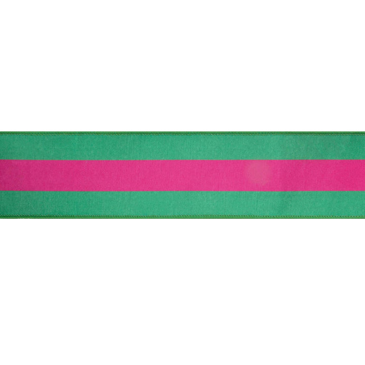 Hot Pink & Green Stripe With Pink Backing Dupioni Wired Ribbon - 2.5" - Greenery MarketWired Ribbon8217W-175-63E