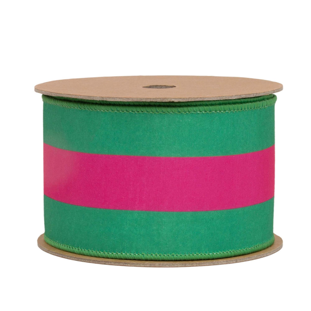 Hot Pink & Green Stripe With Pink Backing Dupioni Wired Ribbon - 2.5" - Greenery MarketWired Ribbon8217W-175-63E