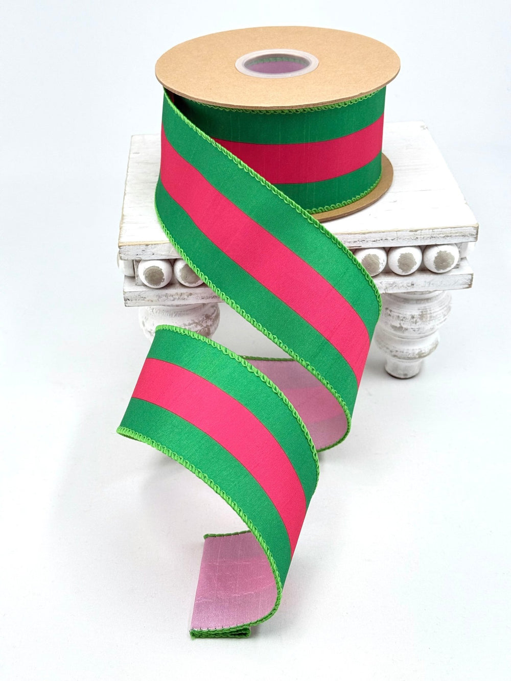 Hot Pink & Green Stripe With Pink Backing Dupioni Wired Ribbon - 2.5" - Greenery MarketWired Ribbon8217W-175-63E