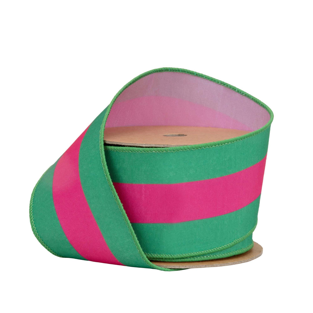 Hot Pink & Green Stripe With Pink Backing Dupioni Wired Ribbon - 2.5" - Greenery MarketWired Ribbon8217W-175-63E