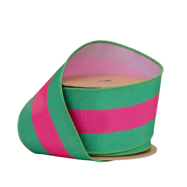 Hot Pink & Green Stripe With Pink Backing Dupioni Wired Ribbon - 2.5" - Greenery MarketWired Ribbon8217W-175-63E