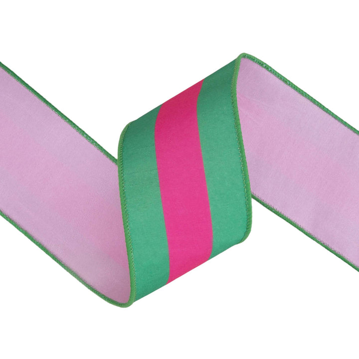 Hot Pink & Green Stripe With Pink Backing Dupioni Wired Ribbon - 2.5" - Greenery MarketWired Ribbon8217W-175-63E