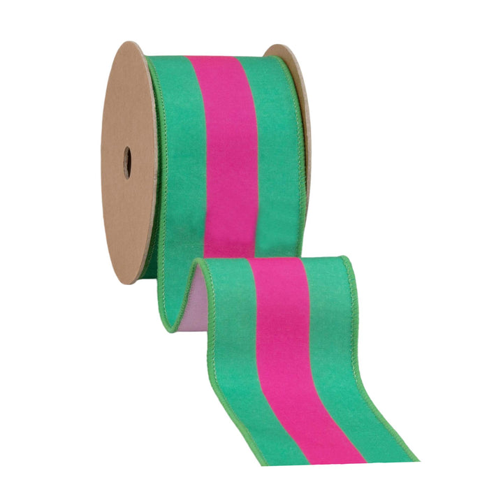 Hot Pink & Green Stripe With Pink Backing Dupioni Wired Ribbon - 2.5" - Greenery MarketWired Ribbon8217W-175-63E