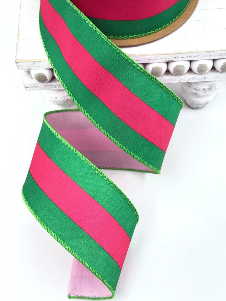 Hot Pink & Green Stripe With Pink Backing Dupioni Wired Ribbon - 2.5" - Greenery MarketWired Ribbon8217W-175-63E
