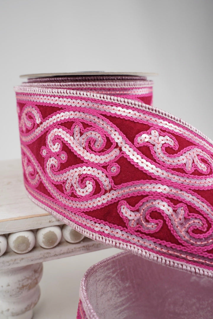 Hot Pink & Light Pink Morris Tapestry Farrisilk Wired Ribbon - 4" - Greenery MarketRK805-15