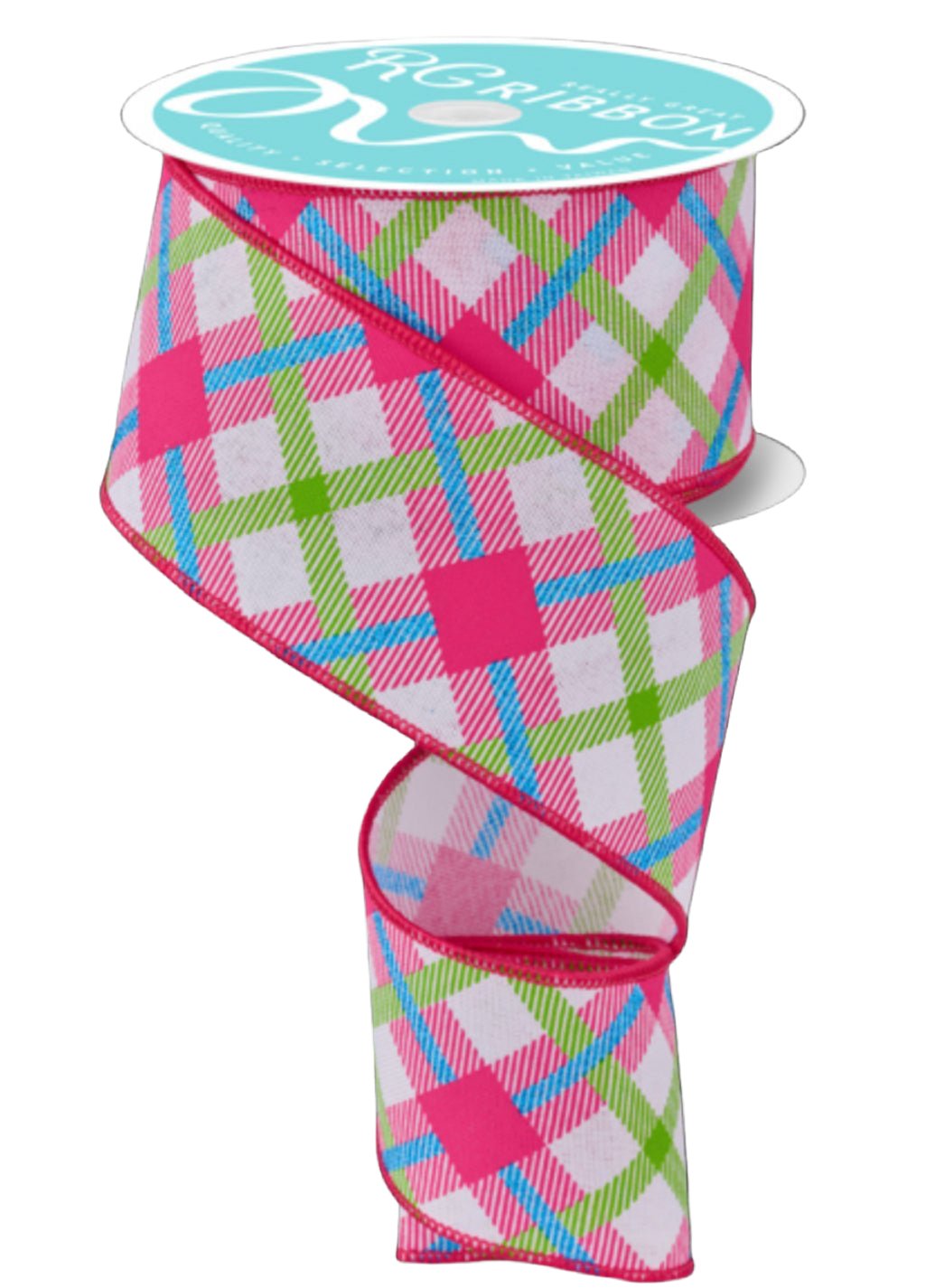 Hot pink, lime green, and blue plaid wired ribbon, 2.5” - Greenery MarketWired ribbonRGA143327