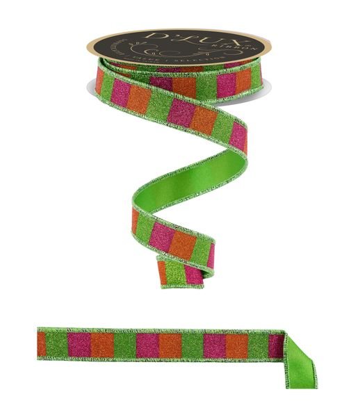 Hot Pink, Lime, & Orange Glitter Stripe Fused Ribbon - 7/8" - Greenery MarketWired RibbonLX3103KA