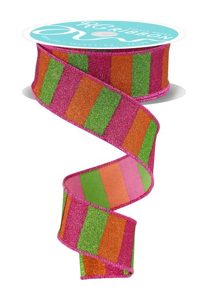 Hot Pink, Lime, & Orange Horizontal Glitter Stripes Ribbon - 1.5" - Greenery MarketRGF1618KA