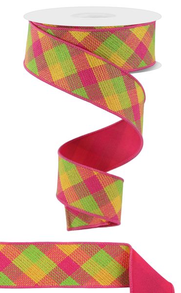Hot Pink, Lime, & Yellow Diag Woven Check/Pg Fused Ribbon - 1.5" - Greenery MarketRGX011285