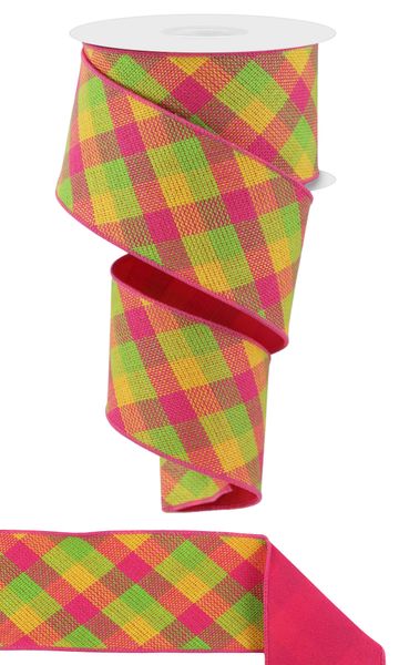 Hot Pink, Lime, & Yellow Diagonal Woven Check/Pg Fused Ribbon - 2.5" - Greenery MarketWired RibbonRGX011385