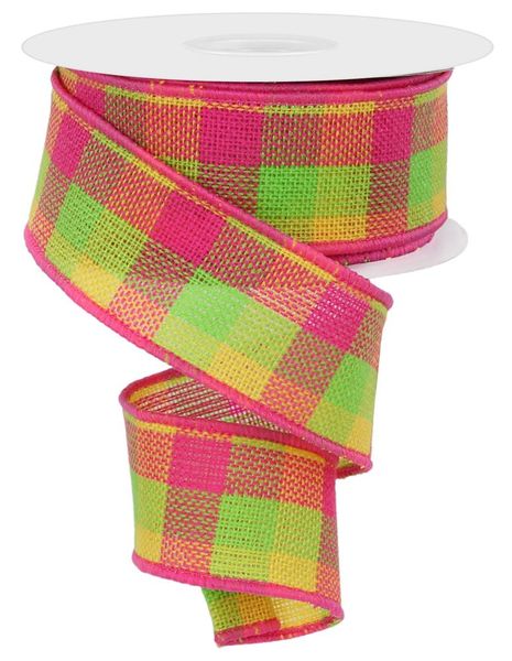 Hot Pink, Lime, & Yellow Woven Check Ribbon - 1.5" - Greenery MarketWired RibbonRGA192485