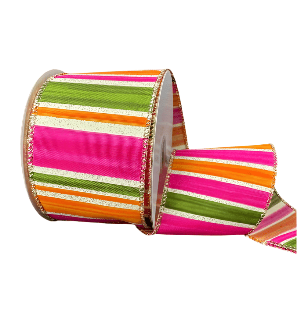 Hot pink, orange, and moss green stripe 2.5” wired ribbon