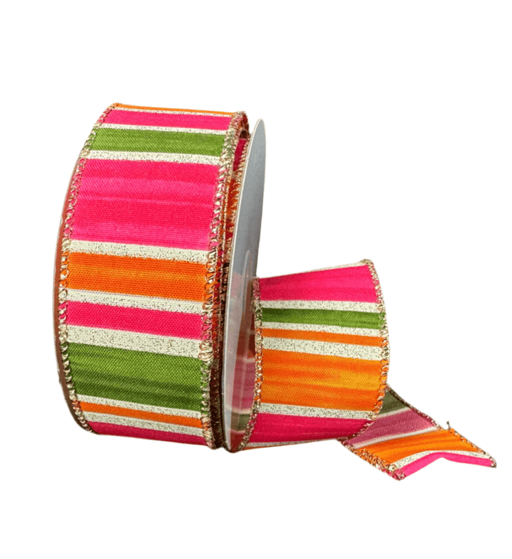 Hot pink, orange, and moss green stripe wired ribbon - Greenery Marketwired ribbon41534 - 09 - 15