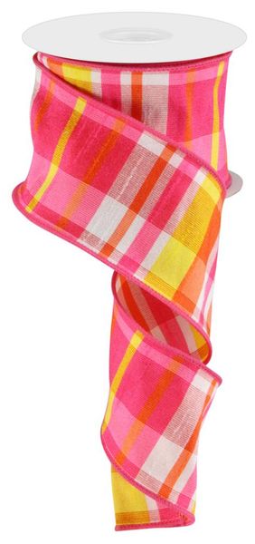 Hot Pink, Orange, & Yellow Faux Dupioni Plaid Ribbon - 2.5" - Greenery MarketWired RibbonRGP109892