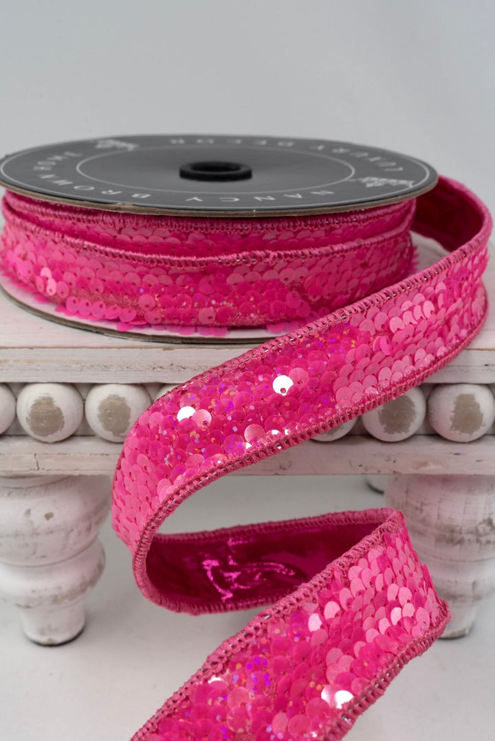 Hot Pink Sequin Double - Sided Wired Ribbon - 1" - Greenery Market25-P2421-1