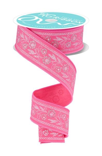Hot Pink & Silver Embroidered Look Florals Ribbon - 1.5" - Greenery MarketRGH111011