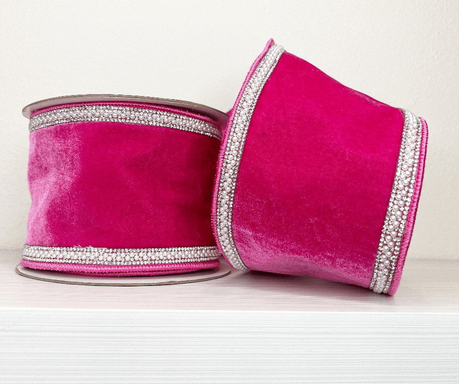 Hot Pink Velvet Wired Ribbon with Pearl and Bling Trim - 4