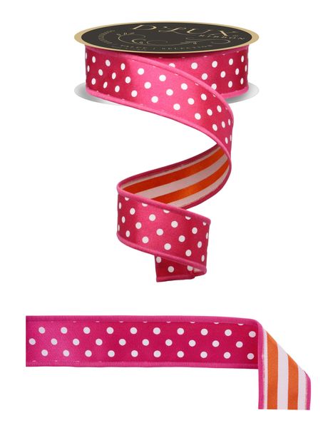 Hot Pink, White, & Orange Polka Dot & Stripe Fused Ribbon - 1.5" - Greenery MarketLX3061JA