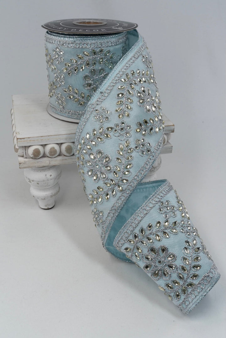 Ice Blue Dipped in Jewels Wired Ribbon - 4" - Greenery Market15981BL