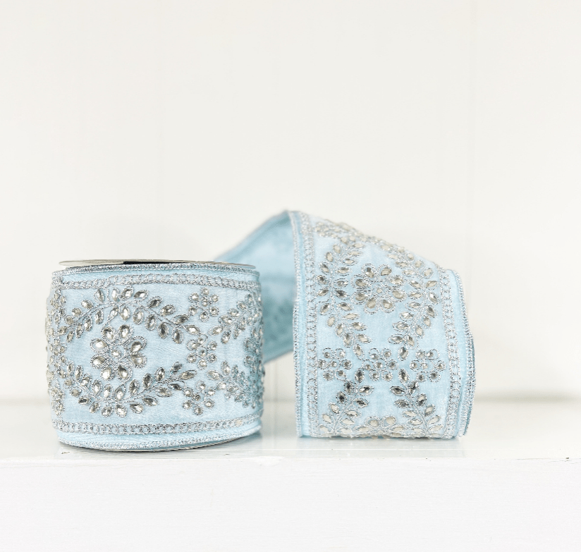 Ice Blue Dipped in Jewels Wired Ribbon - 4" - Greenery Market15981BL