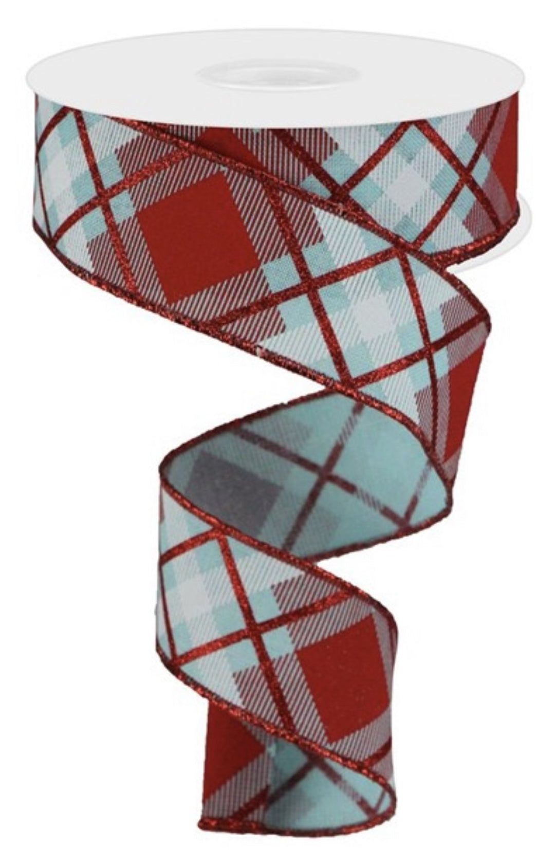 Ice blue, white, and red plaid 1.5” wired ribbon - Greenery MarketRGA1201JC