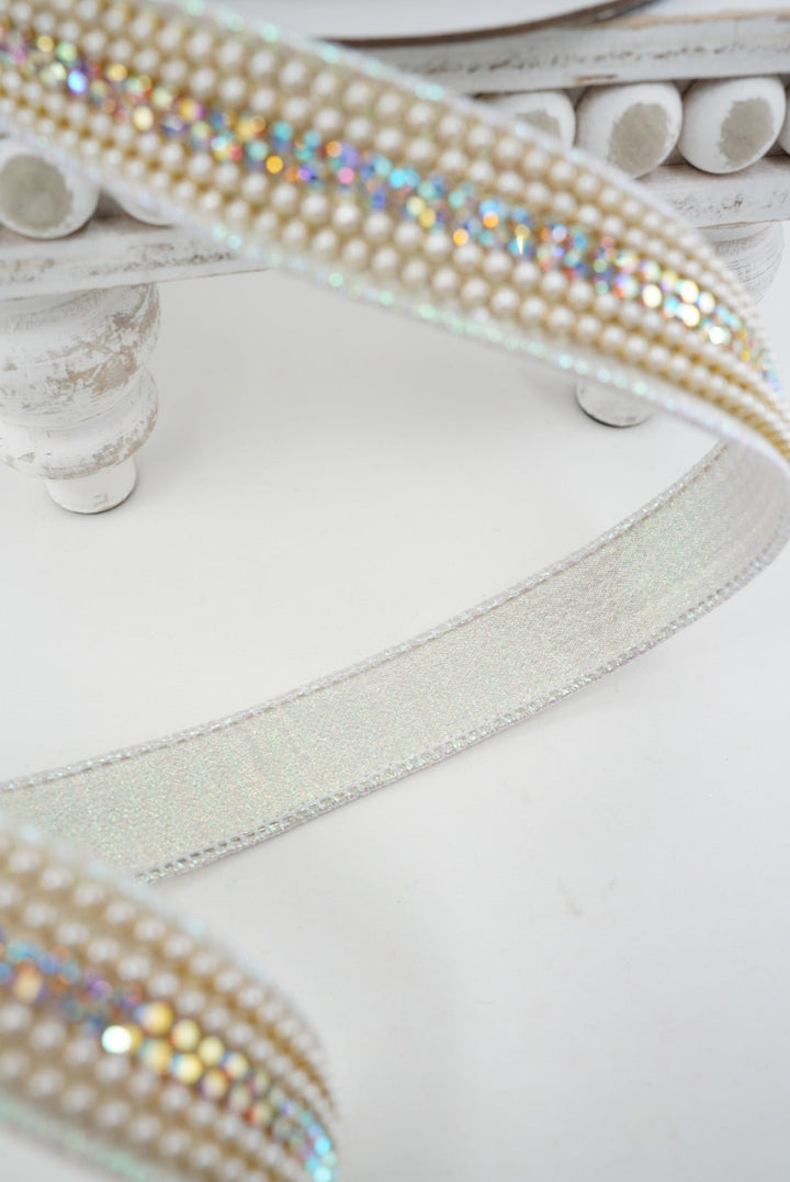 Iridescent Pearls And Gems Farrisilk Wired Ribbon - 1" - Greenery MarketRK900-44