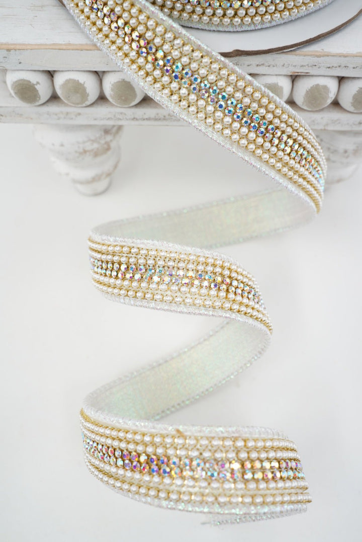 Iridescent Pearls And Gems Farrisilk Wired Ribbon - 1" - Greenery MarketRK900-44