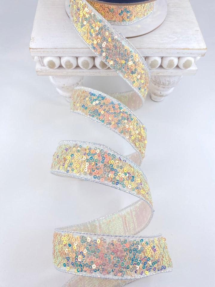 Iridescent Sequins Sparkles Farrisilk Wired Ribbon - 1" - Greenery MarketRK798 - 44