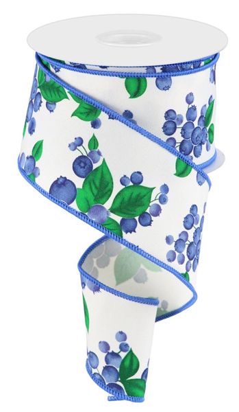 Ivory, Blue, & Green Blueberries Ribbon - 2.5" - Greenery MarketWired RibbonRGC175333
