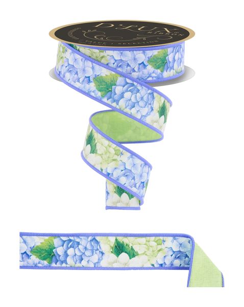 Ivory, Blue, & Green Hydrangea Fused Ribbon - 1.5" - Greenery MarketLX123103