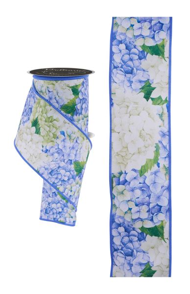 Ivory, Blue, & Green Hydrangea Ribbon - 2.5" - Greenery MarketWired RibbonLS123203