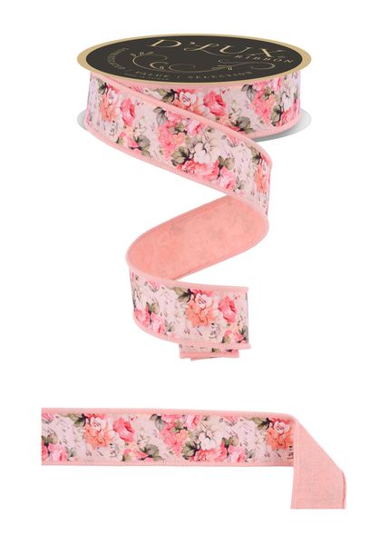 Ivory, Coral, Pink, & Green Vintage Floral Garland Fused Ribbon - 1.5" - Greenery MarketWired RibbonLX11884M