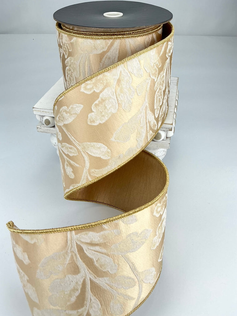 Ivory damask leaf wired ribbon 4” - Greenery Market