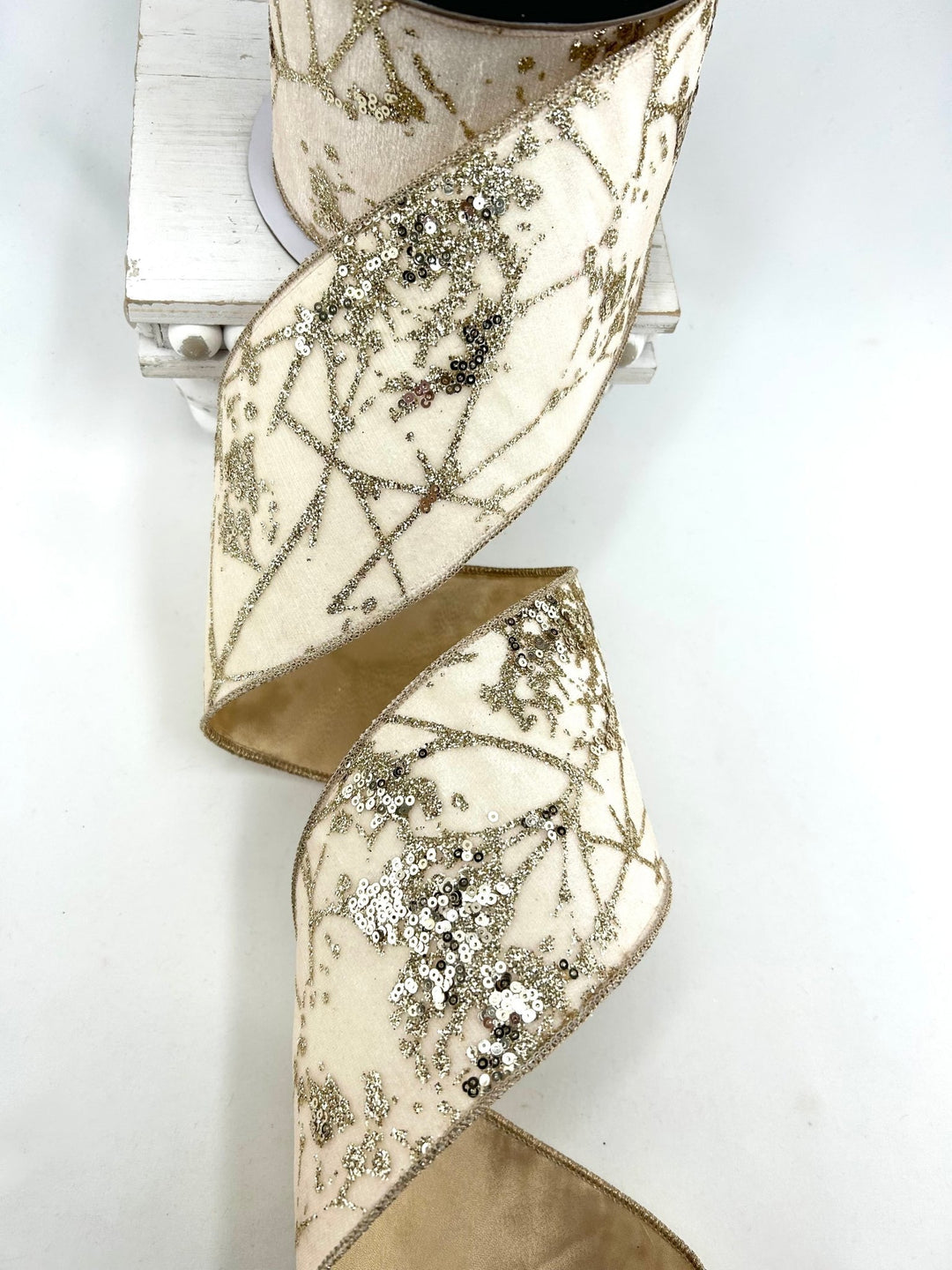 Ivory & Gold Glitter Berry Branch Ribbon - 4" - Greenery MarketRibbon212155