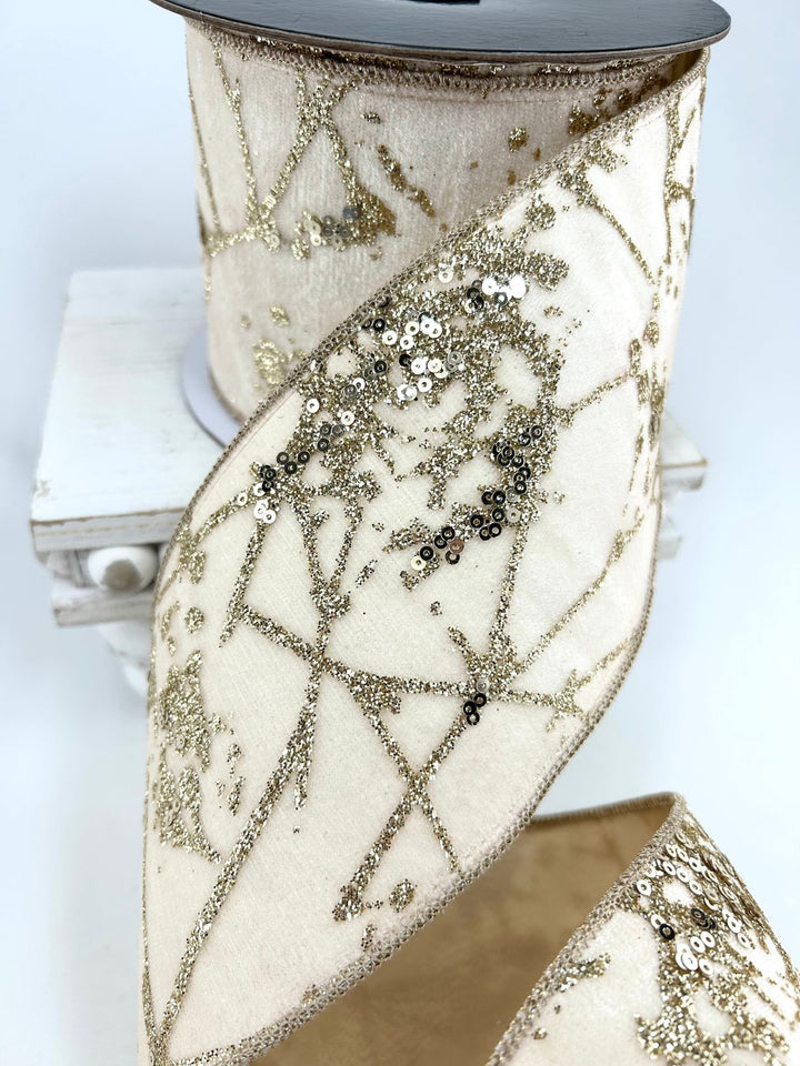 Ivory & Gold Glitter Berry Branch Ribbon - 4" - Greenery MarketRibbon212155