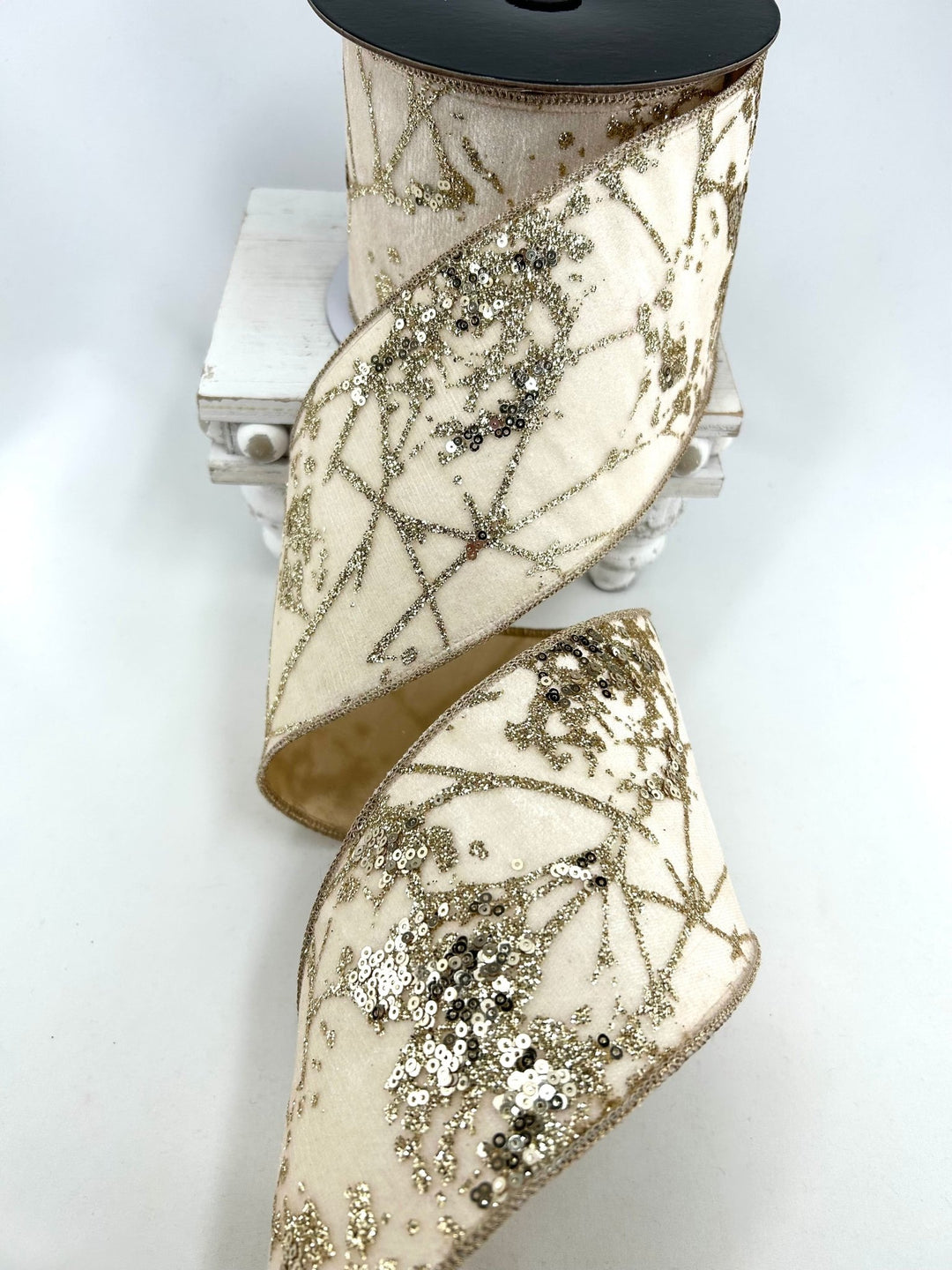 Ivory & Gold Glitter Berry Branch Ribbon - 4" - Greenery MarketRibbon212155