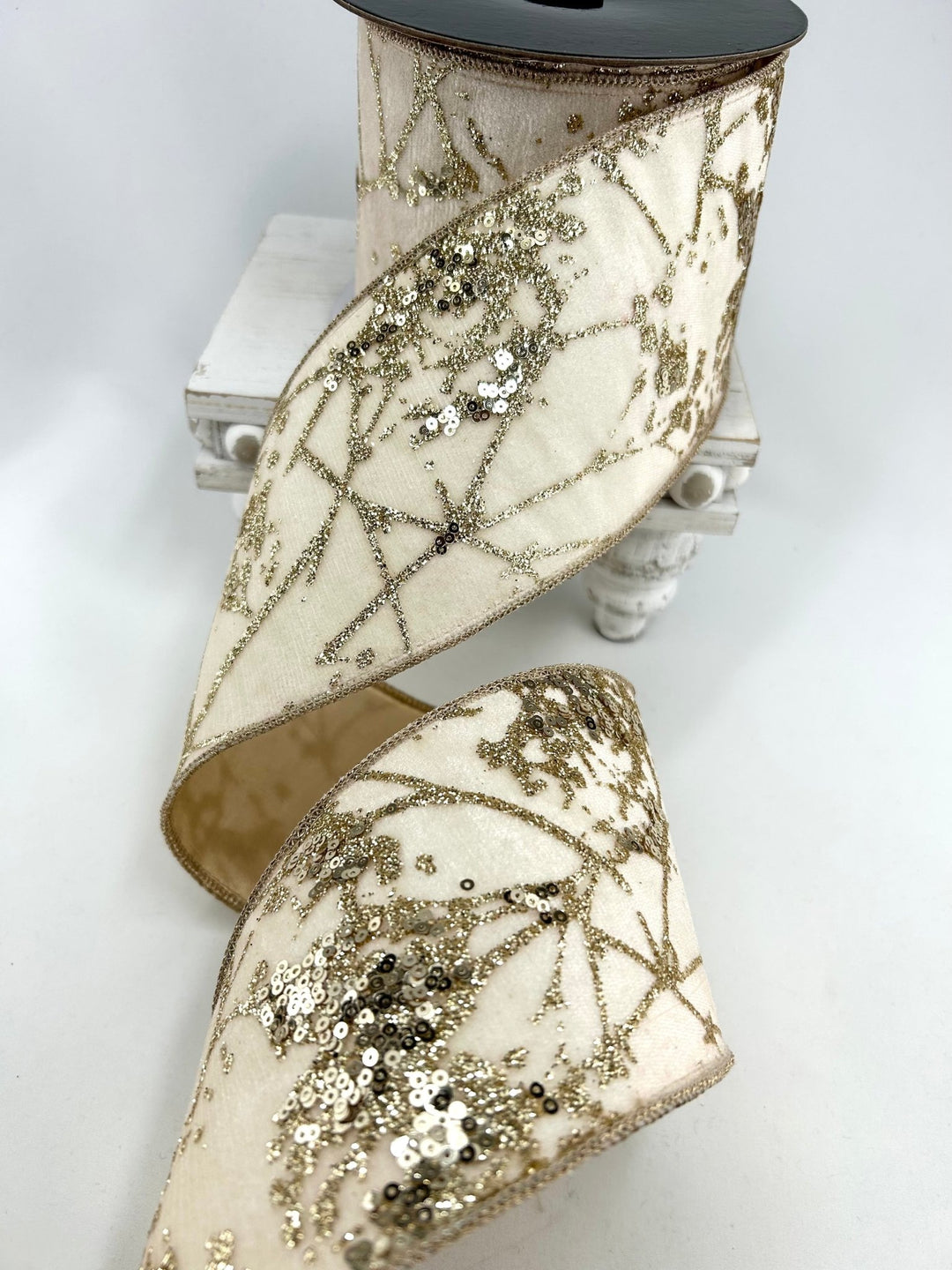 Ivory & Gold Glitter Berry Branch Ribbon - 4" - Greenery MarketRibbon212155