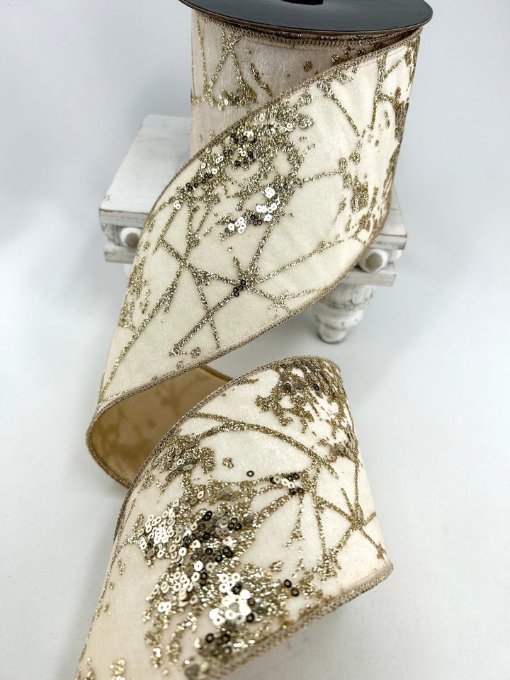Ivory & Gold Glitter Berry Branch Ribbon - 4" - Greenery MarketRibbon212155