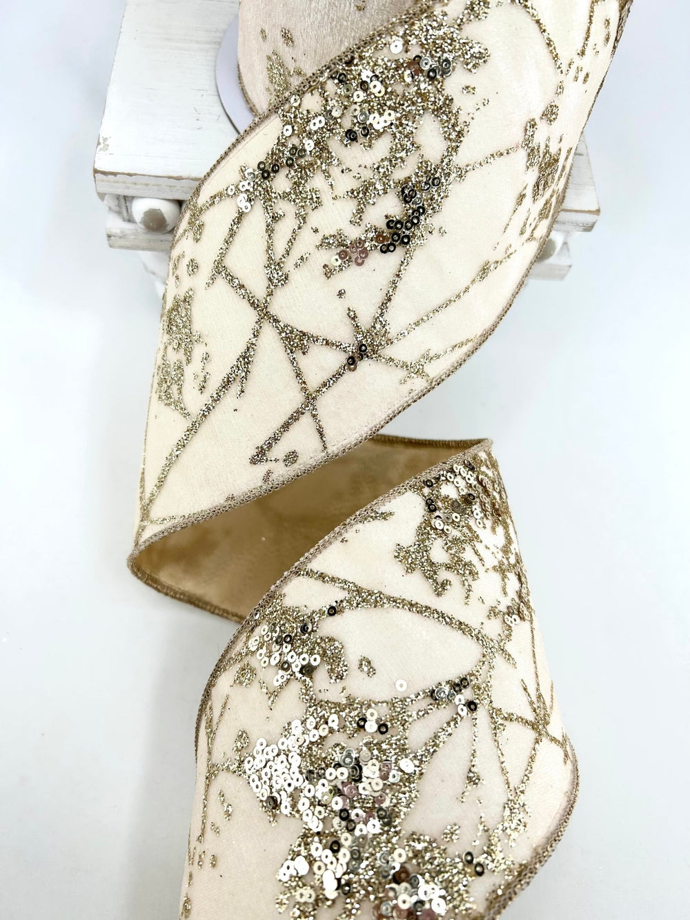 Ivory & Gold Glitter Berry Branch Ribbon - 4" - Greenery MarketRibbon212155