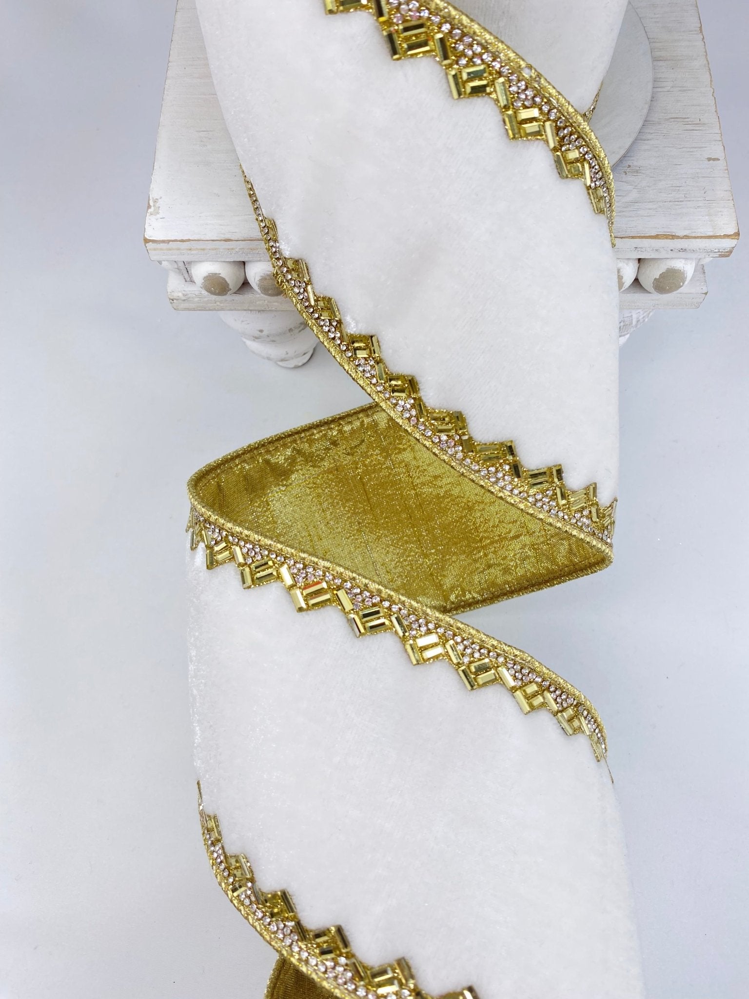 Ivory Gold Heritage Jewel Farrisilk Wired Ribbon - 4
